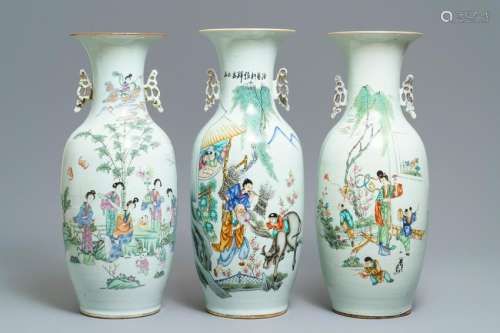 Three Chinese famille rose vases with figural design,
