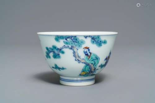 A Chinese doucai bowl with figures in a landscape,