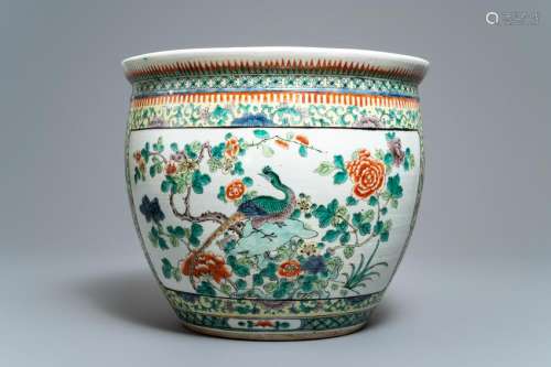 A Chinese famille verte fish bowl with birds among