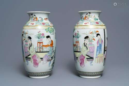 A pair of fine Chinese famille rose 'ladies' vases,