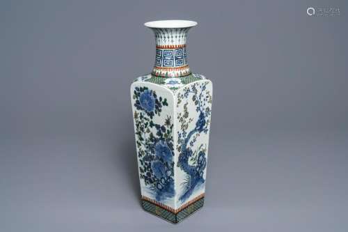 A square Chinese famille verte vase with floral design,