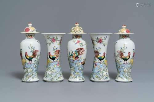 A famille rose-style five-piece garniture with roosters