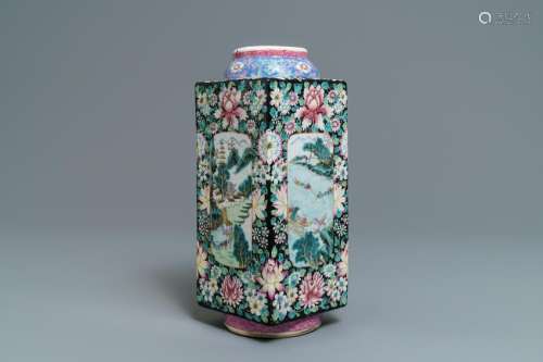 A Chinese famille rose millefleurs 'cong' vase,