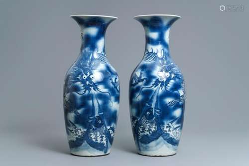 A pair of Chinese blue and white 'dragon and carp'