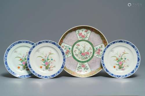 A fine Chinese famille rose dish and three floral