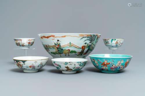 Six various Chinese famille rose and verte bowls,