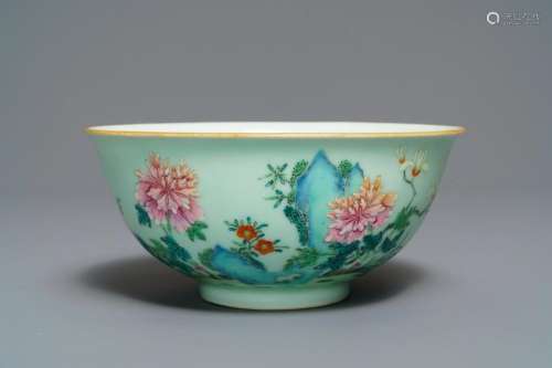 A Chinese famille rose celadon-ground bowl with floral