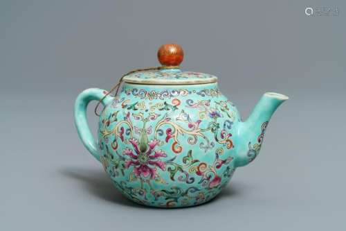 A Chinese turquoise-ground famille rose teapot, Jiaqing