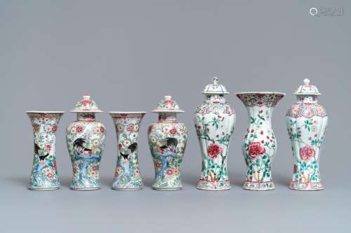 Two Chinese famille rose vase garnitures, Qianlong and