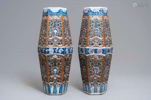 A pair of rare Chinese hexagonal brown-ground blue,