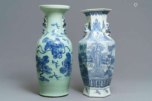 Two Chinese blue and white and celadon-ground vases,