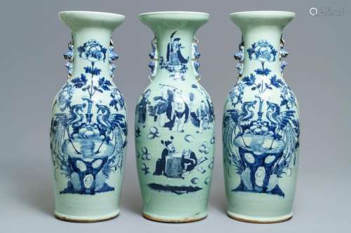 Three Chinese blue and white celadon-ground vases, 19th