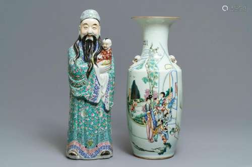 A Chinese famille rose vase and a figure of Fu Xing,