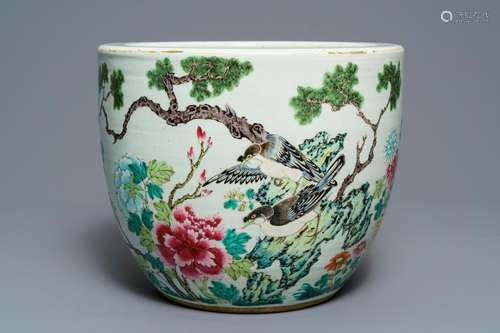 A Chinese famille rose jardiniÃ¨re with birds among