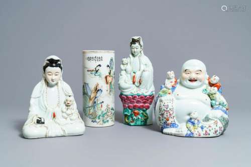 Three Chinese famille rose figures and a qianjiang cai