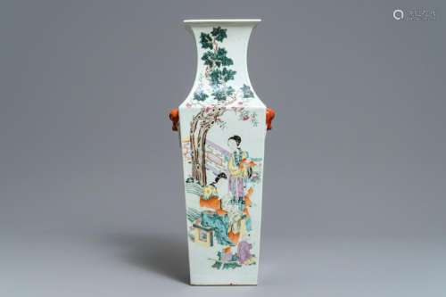 A square Chinese qianjiang cai vase with court ladies