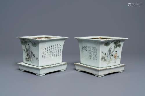 A pair of square Chinese qianjiang cai jardiniÃ¨res on