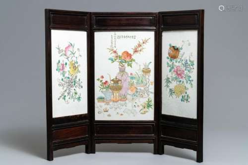 A Chinese threefold table screen with qianjiang cai