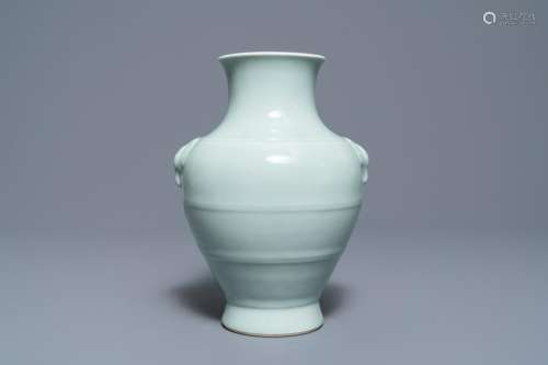 A Chinese monochrome celadon vase, 'hu', Qianlong mark,