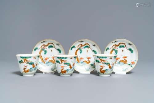 Three Chinese famille verte 'deer and monkey' cups and