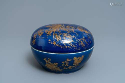 A Chinese powder blue and gilt round covered box,