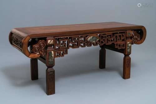 A low Chinese marble-inlaid wooden rectangular table