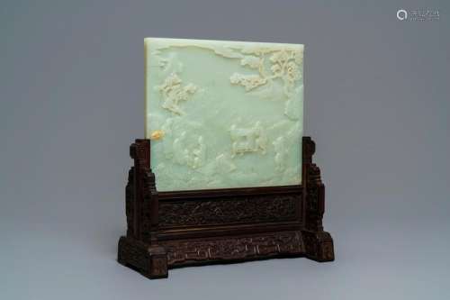 A Chinese carved pale celadon jade and hardwood table