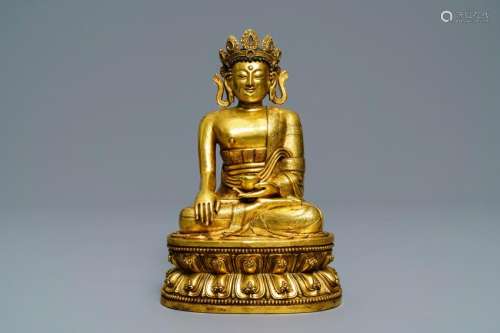 A Sino-Tibetan gilt bronze figure of Buddha Shakyamuni,