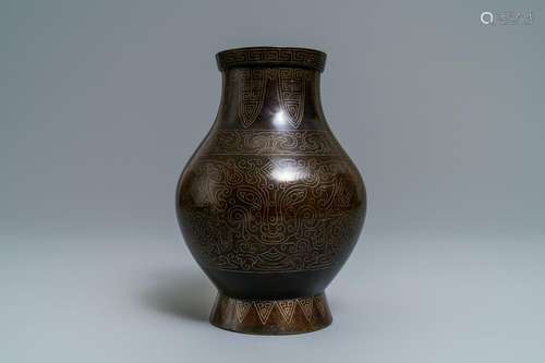 A Chinese inlaid bronze 'hu' vase, 19th C.