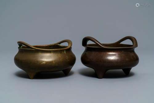 Two Chinese bronze tripod censers, Xuande marks, 19th