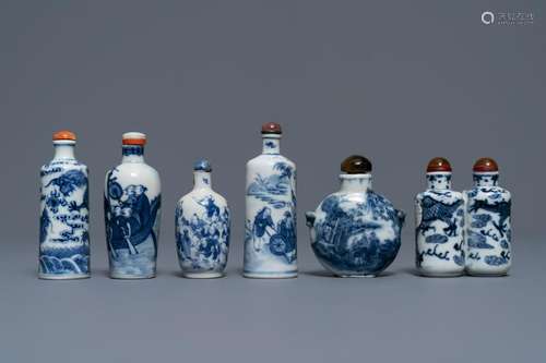 Six Chinese blue and white porcelain snuff bottles,