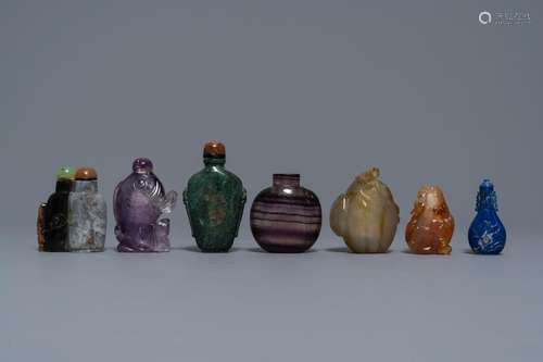 Seven Chinese hardstone, agate and quartz snuff