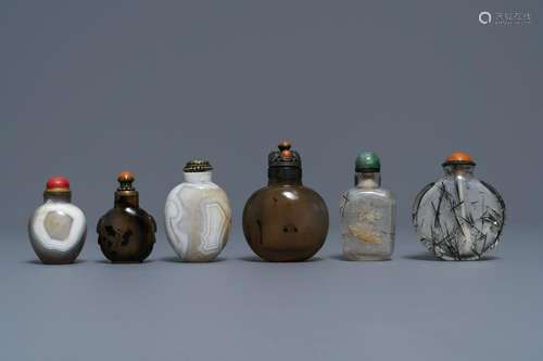 Six Chinese needle quartz and agate snuff bottles,