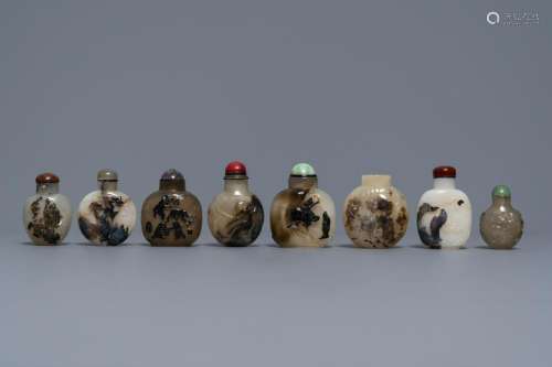 Eight Chinese carved shadow agate snuff bottles,