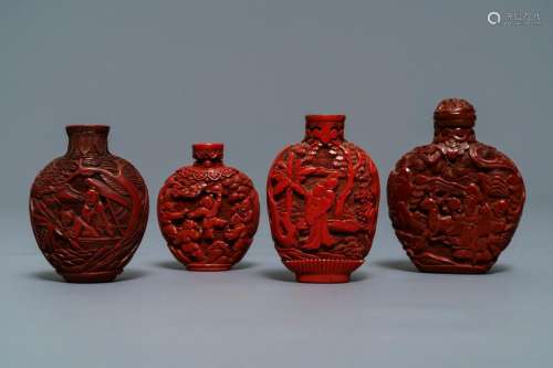 Four Chinese cinnabar lacquer snuff bottles, 19/20th C.