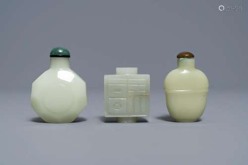 Three Chinese pale celadon jade snuff bottles, 19th C.