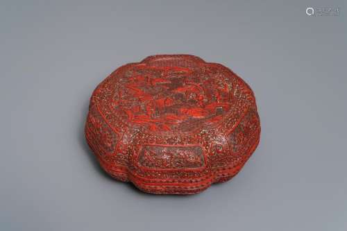A Chinese cinnabar lacquer box and cover with figures