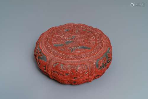 A Chinese cinnabar lacquer box and cover with figures