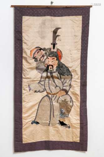 A Chinese silk embroidery with two figures from 'The
