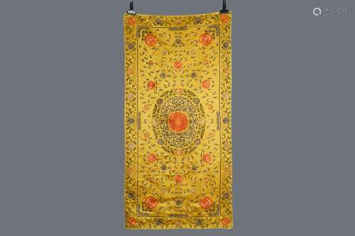 A Chinese yellow-ground silk embroidered altar cloth