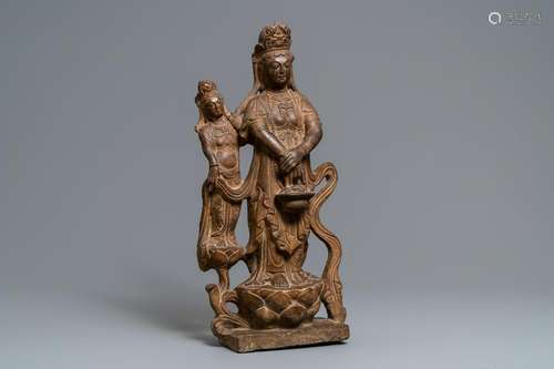 A Chinese carved stone 'Guanyin and attendant' group,