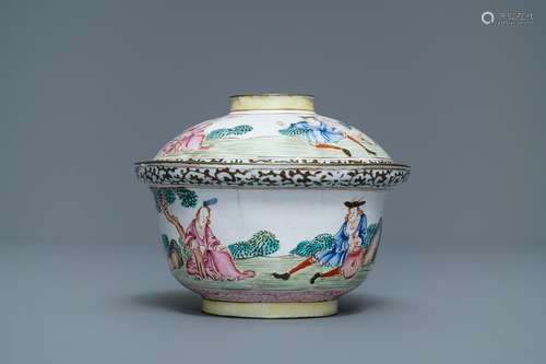 A Chinese Canton enamel 'Europeans' bowl and cover,