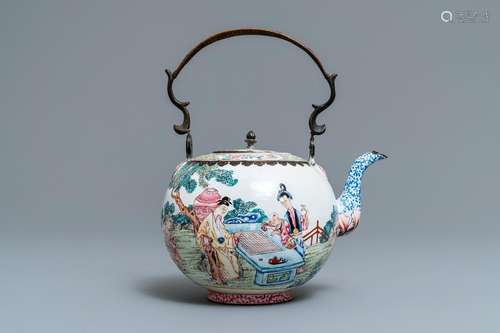 A Chinese Canton enamel kettle with figures in a