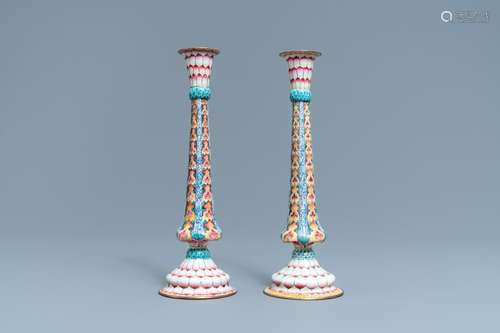 A pair of Chinese Canton enamel candlesticks with