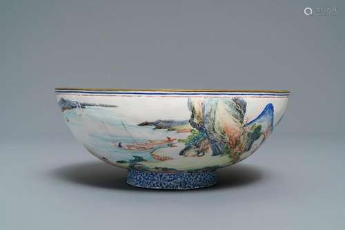 A fine Chinese Canton enamel landscape bowl, Yongzheng