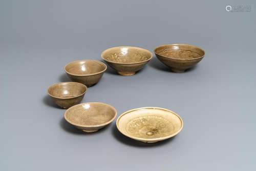 Six Chinese Yaozhou and celadon bowls, Song/Yuan