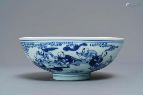 A Chinese blue and white 'playing boys' bowl, Yongzheng