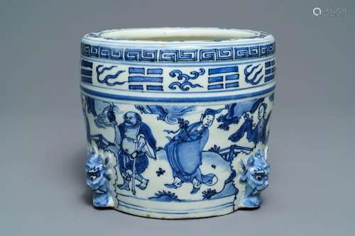 A large Chinese blue and white '8 immortals' censer,