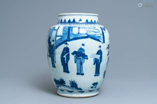 A large Chinese blue and white vase with figurative