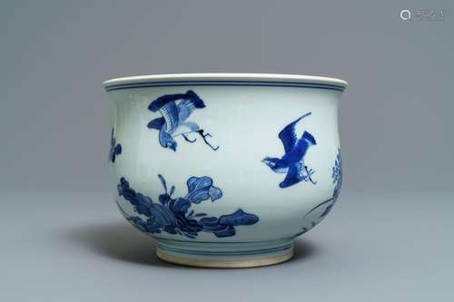 A large Chinese blue and white censer with birds among